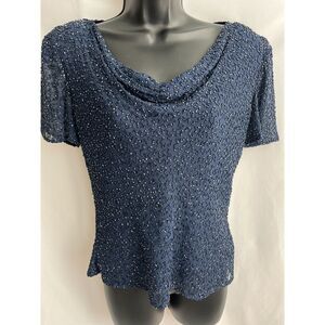Davids Bridal 100% Silk Beaded Navy Blue Cocktail Evening Blouse Cowl Neck Sze 4